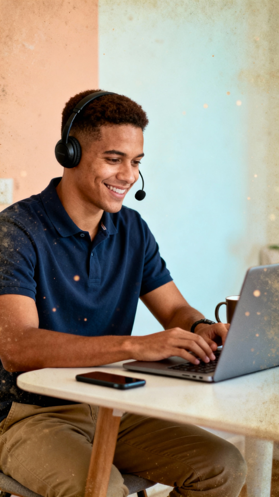 Hombre enseñando español desde su casa cómodamente