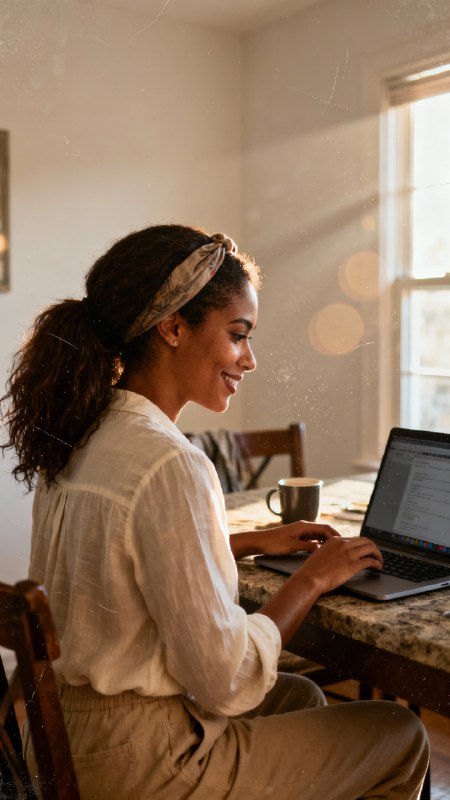 Mujer trabajando feliz desde una cafetería